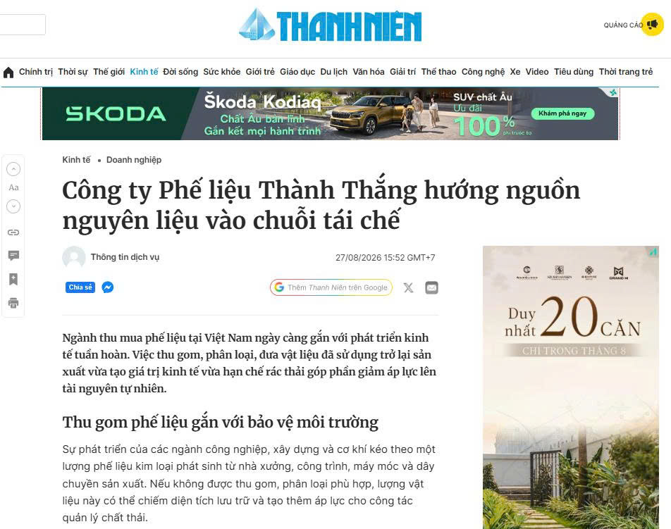 Báo Thanh Niên nói về năng lực thu mua phế liệu uy Tín của Phế Liệu hành Thắng
